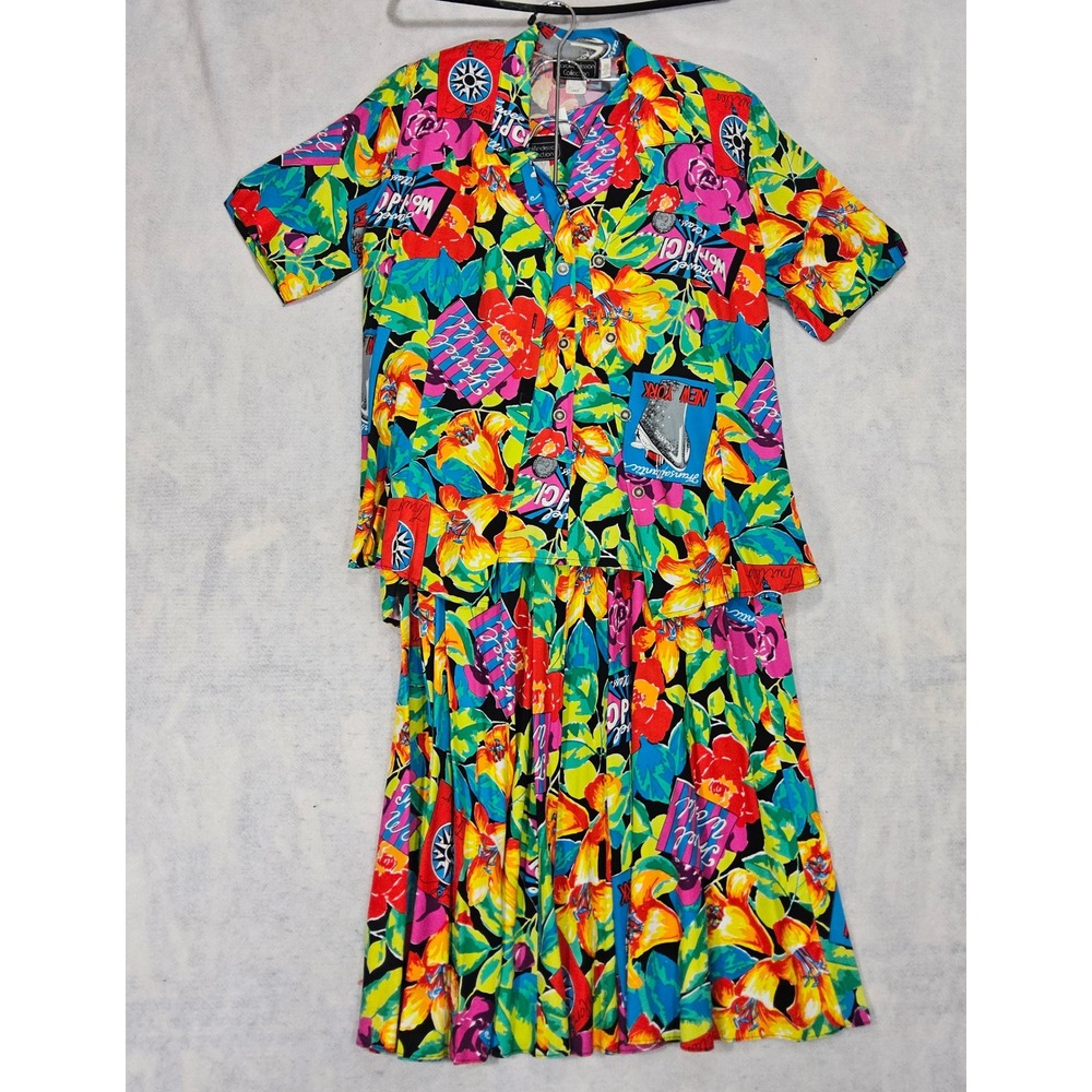 Carol Anderson‎ Skirt Blouse L 12 / 14 Dress Suit Foral Hawaiian Vtg 90s Cruise